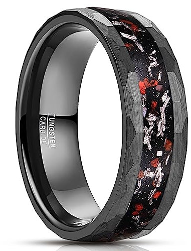 NUNCAD Ring Schwarz Herren 8mm Wolfram Ring mit Meteorit und Dinosaurier Knochen Gehämmerter Eheringe für Männer Größe 57(18.1)