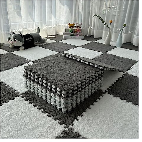12-teilige Puzzle-Spielmatte, Flauschige Plüsch-Teppichfliesen, Quadratisches Schaumstoff-Teppich-Set, Schaumstoff-Bodenfliesen Für Spielzimmer, Schlafzimmer, 30 X 30 cm(Color:Grau+Weiß)
