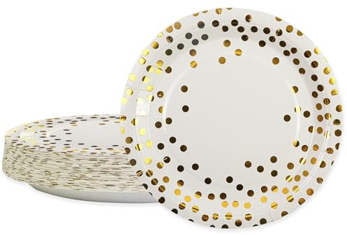 BOKFJBP 50 Pack Party Paper Plates,7inch/17.78cm White and Gold Paper Plates Set Disposable Tableware for Kids Women Men Birthday Baby Shower Weddings Picnics Anniversary Engagemen Girls Boys