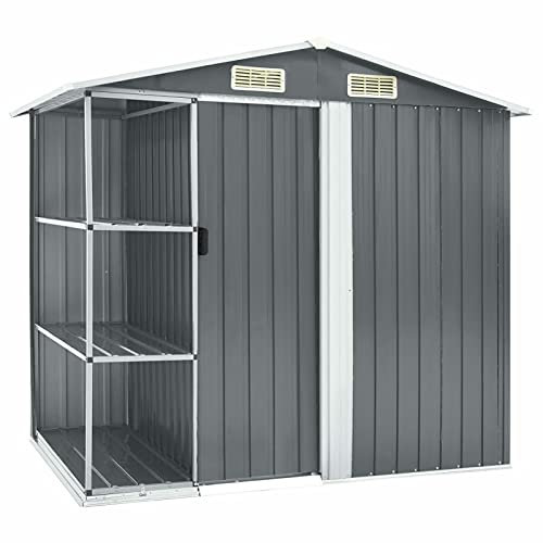 BaraSh Gartenhaus mit Regal Grau 205x130x183 cm Eisen GeräTeschuppen Klein Gartenlaube Kekta GeräTeschuppen GartenhüTte GeräTeschuppen