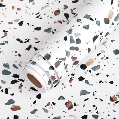 RIDAEX Rouleau de papier peint auto-adhésif blanc Terrazzo, imperméable, décor de comptoir en granit, autocollant peler et coller pour la cuisine