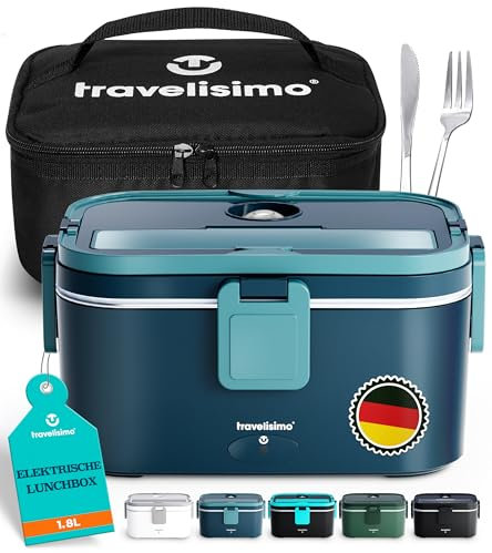 TRAVELISIMO Scaldavivande Elettrico Portatile Extra Grande 1,8L 80W Porta Pranzo Riscaldabile, 220V/12V/24V Scalda Vivande Portatile Elettrico per Auto Camion e Ufficio, Schiscetta Pranzo Riscaldabile