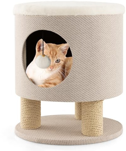 COSTWAY Kratzbaum klein, Katzenhöhle & Hocker, Katzenbaum mit weicher Sitzfläche & 3 Sisal-Kratzsäulen & Ball, Katzenhaus Kletterbaum, Katzenkratzbaum Katzen Katzenmöbel, 40x40x47cm (Beige)