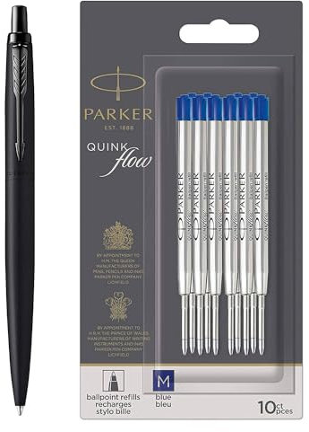 Parker Lot de 10 Stylos à Bille Jotter XL, Noir Mat Monochrome, Pointe Moyenne, Encre Bleue, Coffret Cadeau et Recharges QUINKflow
