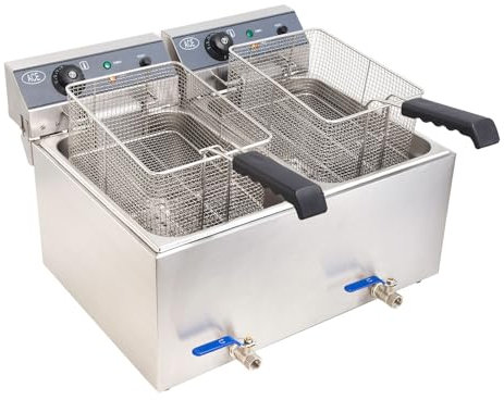 HAKKA Commercial Double Deep Fat Fryer with Drain Tap, Twin Tanks 17Lx2 Large Electric Chip Fryer with 2 Baskets &Lids, Temperature Control Stainless Steel Frying Machine (240V 6000W)