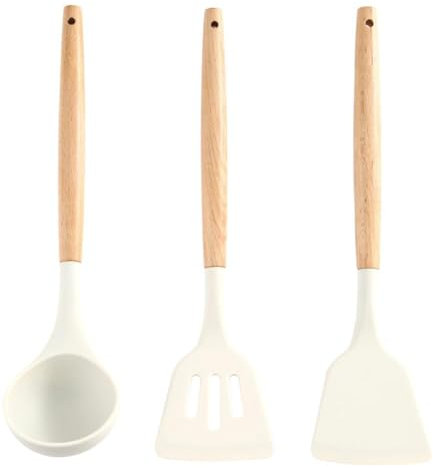 TROGN Lot de 3 ustensiles de cuisine avec poignée en bois et silicone anti-adhésif - Ensemble d'ustensiles de cuisine ivoire - Ustensiles de bambou en silicone bambou blanc lin