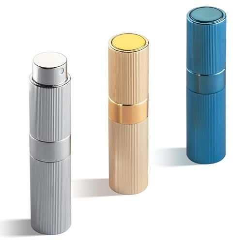 Toureal Vaporisateur Parfum Rechargeable de Voyage - Mini Recharge Parfum Flacon Spray Vide Sac - Echantillon Fiole Atomiseur Extracteur - Miniature Atomiseur à rayures fines 8ml Or Argent Bleu 3pcs