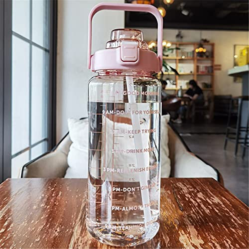 Botella de agua deportiva, botella de agua de 2 litros con pajilla, botella de agua deportiva a prueba de fugas con marcas de tiempo, botella de agua grande motivacional para fitness, camping, yoga,