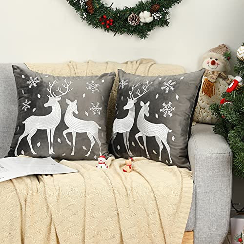 Lewondr Weihnachten Kissenbezug, 2 Stück Samt Kopfkissenbezug mit Schneeflocke Rentier Stickerei, Quadratischer Weihnacht Zierkissenbezug für Zuhause Auto Büro 50x50 cm - Grau