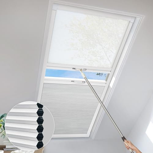 UrMoon Skylight Cellular Blinds, Blackout Honeycomb Blinds Double Sliding Sun Protection Shades Easy Fit for Roof Inclined Plane Room Windows(Clear & Blackout White, Custom Sizes)