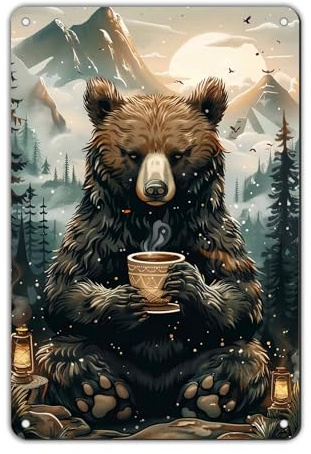 GJXFTPTTBD Plaque en métal « Morning Brew in the Wild » - Décoration murale rustique avec ours et tasse à café - Décoration de cabine confortable - Cadeau vintage pour les amateurs de nature sauvage -