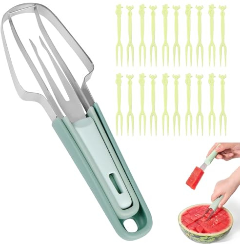 JCUGSBS Taglia Anguria 3 in 1,Taglia Melone in Acciaio Inossidabile,Coltello per Anguria,Forchetta Taglia Anguria,Anguria per Melone,Frutto del Drago,Coltello Frutta Affettare,con 20 forchette