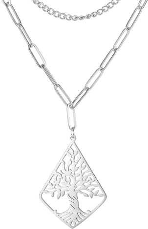 kkjoy Rhombic Tree of Life Layered Necklace Stainless Steel Family Tree of Life Pendant Necklace Nature Inspired Spiritual Jewelry for Women Men
