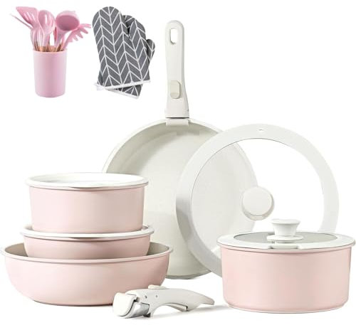 WXFKLDJ Set di Pentole Antiaderenti, Pentole da 11 Pezzi E Padelle Maniglia Staccabile, con Set di Pentole A 12 Pezzi E Guanti, Set di Pentole da Cucina A Induzione, Cassaforte del Forno