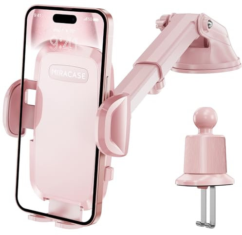 Miracase Supporto Universale per Telefono Auto [Potente Ventosa] Porta Cellulare Doppio Gancio Metallico per Cruscotto Parabrezza e Presa d'Aria Automobile Adatto Smartphone Universale Rosa