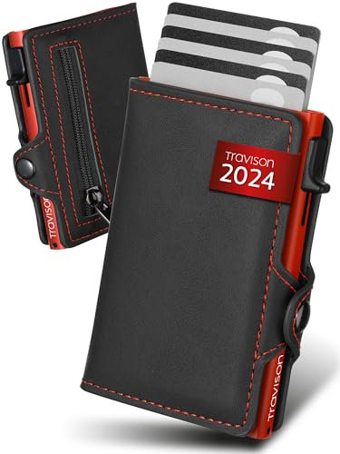 Travison® SMART Wallet mit Münzfach und Geldscheinfach - Kartenetui mit Münzfach und Schnellzugriff - RFID-Schutz - Herren Geldbörse klein - Kreditkartenetui - Geldbörse mini (Schwarz - Rot)