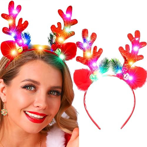 Fashband Bandeaux de Noël lumineux en bois de cerf avec LED à paillettes - Accessoire de cheveux pour femme (rouge)