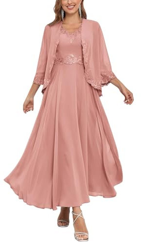 Robe longue mère de la mariée pour femme avec veste 2 pièces en mousseline de soie formelle robe d'invité de mariage, vieux rose, 38