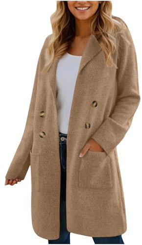 Women's Solid Color Coat Double Breasted Pea Coat Long Sleeve Lapel Trench Coat with Pockets Casual Loose Fit Jackets Ladies Fall Winter Fashion Pea Coats UK Sale Khaki X-Large