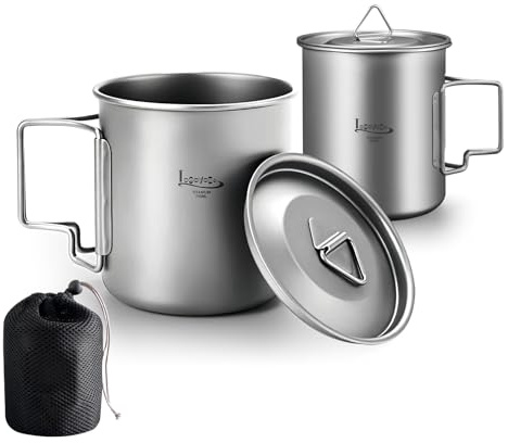 LSOSVSEU Olla de titanio con tapa, olla ligera de camping con asas plegables, olla de cocina portátil de titanio, olla de mochilero, utensilios de cocina de titanio con bolsa de transporte (420 ml y