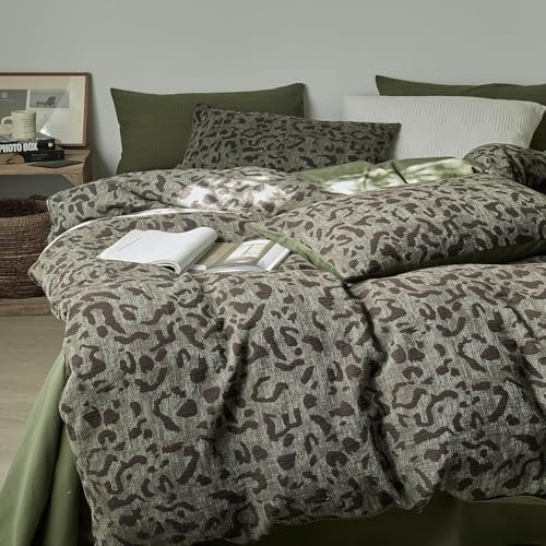 LifeTB Leoparden-Bettbezug für Doppelbett, XL, garngefärbte Baumwolle, Jacquard-Bettbezug, grünes Leopardenmuster, Blumen-Bettwäsche-Set, Tier, Gepard, bedruckt, Bettdeckenbezug, Bauernhaus,
