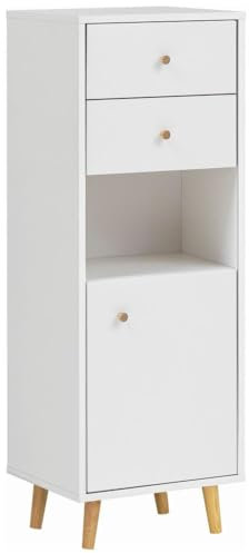 Lomadox Badezimmer Highboard in weiß matt 4 Schubladen Flurschrank Badschrank Flur modern Holzgriffe Holzfüße Eiche massiv