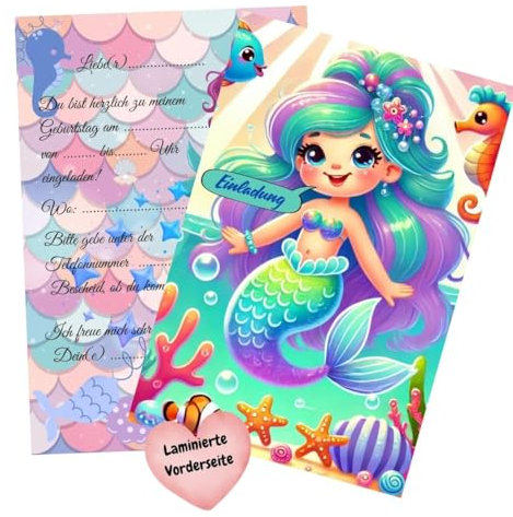Olanmarp Einladungskarten Kindergeburtstag - Karten für Jungen und Mädchen - Einladung für einen unvergesslichen Geburtstag - 10 Stück (Meerjungfrau)
