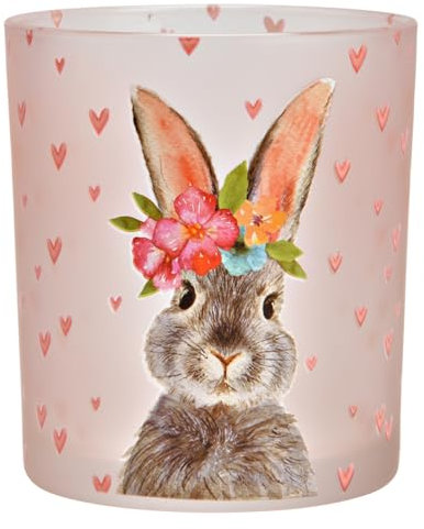 itsisa Glas Windlicht Ostern Hase mit Herzen rosa H:10 cm - Deko Osterhase, Osterdeko, Kerzenleuchte Kerzenhalter, Teelichthalter Hase, Garten Deko, Tischdeko
