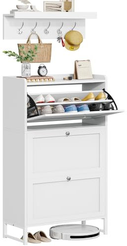 YITAHOME Schuhkipper Schmal mit 3 Klappen, Schuhschrank Schmal mit Garderobe Wandgarderobe mit 5 Haken, Schuhschrank Weiss Schuhkommode für Flur Wohnzimmer Kann hohe Absätze aufnehmen 60 x 25 x 130cm