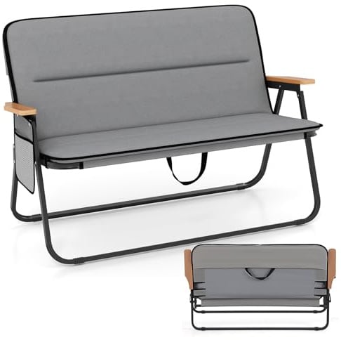 COSTWAY Campingstuhl für 2 Personen, Klappstuhl mit abnehmbarem Kissen, Seitentasche und Armlehnen, 300 kg Tragfähigkeit, klappbares Campingsofa, Faltsofa für Outdoor, Garten, Camping, Grau
