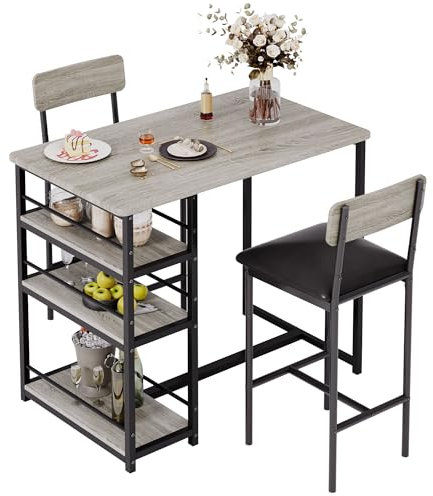 GarveeMore Bartisch Mit Barhocker-Set, Esstisch Mit 2 Stühlen Set, Küchentisch Mit 3 Ablagen, 3 Stück Bartisch Mit Barstühle-Set für Esszimmer, Pub Tisch Garnitur für Kleine Räume & Wohnungen