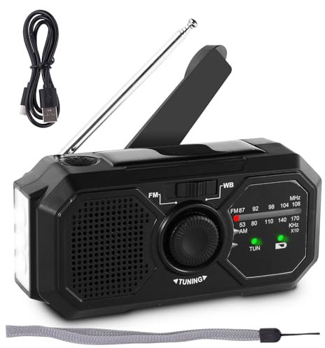Radio Solar, Radio Am/FM, Radios Solar De Emergencia con Manivela, 1200MAh, Linterna LED, Alarma SOS Y Dinamo De Manivela para Camping, Viajes