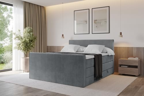 ALTDECOR Boxspringbett mit Matratze und Lattenrost, Topper, Fußteil,Polsterbett mit Bettkasten, Bett mit Stauraum H3- und H4- Matratze, Doppelbett, Springboxbett - TOLO-Z KING 120x200 Cord -Dunkelgrau