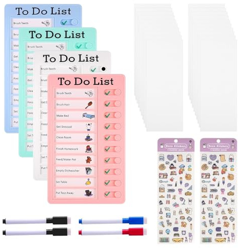 Jonuin Checklist Boards, 4 Stück Tafel Chore Chart mit 20 Blanko Papier, 2 Aufkleber & 4 Whiteboard-Marker, To Do Liste Kinder, Routine Planer für Kinder Haushalt Schule Lernplanung und Zeitmanagement