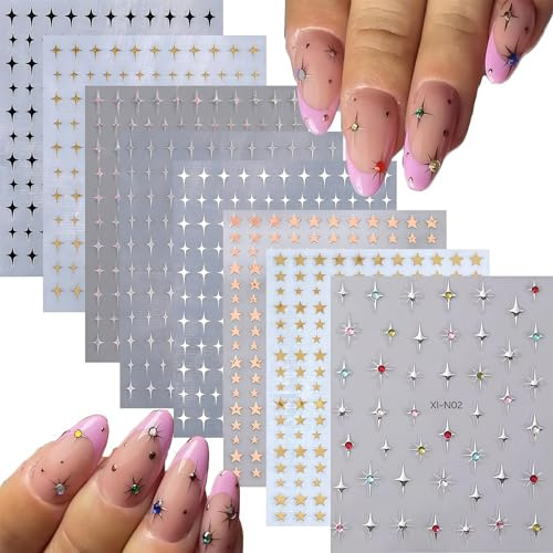 CharmeFleur 12 Blätter Sterne Nagelsticker 3D Glitzer Glänzend Gold Silber Weiß Schwarz Stern Nageldesign Abziehbilder Selbstklebende Sterne Sticker DIY Nägel