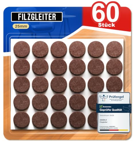 Ansible Filzgleiter Selbstklebend, Möbelgleiter, 60 Stück Ø25 mm | Filz für Stühle & Möbel, Stuhlbeinschoner, Kratzschutz & Geräuschdämpfend, Rund Braun