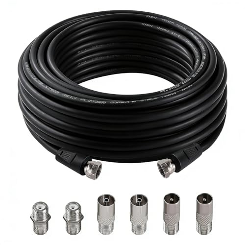 AmiCera SAT Antennenkabel 10m, F Stecker auf F Stecker Hochgeschwindigkeits RG6 Koaxialkabel mit 6 Stücke Verlängerungskupplungen, 75 Ohm RG6 Kabel für Kabelbox TV Digital Router Satellitenkabel