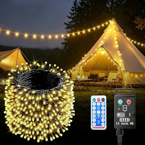 Kinamy LED Lichterkette Außen Batterie, 20M 200 LED Warmweiß Lichterkette Outdoor USB Aufladbare, 8 Modi mit Timer und Fernbedienung, Wasserdicht Lichterketten Aussen Innen für Weihnachten Balkon