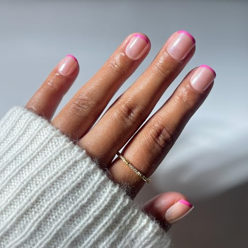 Glamnetic Press On Nails - Pink Tutu | Super Short Fake Nails with Sheer Base & Pink Micro French Tips in Glazed Finish, Salon Quality | 15 Sizes - 30 Nail Kit with Glue