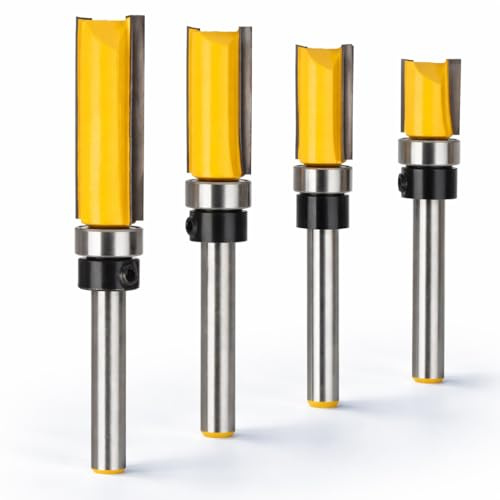 Flush Trim Router Bit Set 4 Pcs 1/4 Inch Shank, Straight Pattern Router Bits with Bearing, Woodworking Template Cutter for Trimming, Milling and Decorative Wood Finishing