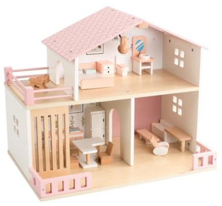 KiBcsLic Wooden Dollhouse Balcony Railings Two-Story Dollhouse Realistic Details Wood Doll House