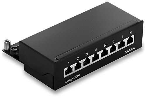 deleyCON CAT 6a Patchpanel Verteilerfeld 8 Port - Desktop & Wandmontage Geschirmt 8X RJ45 Buchse - TIA568A TIA568B - Schwarz