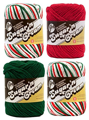 Lily Bulk Buy: Sugar 'n Cream Limited Edition 100% Cotton Yarn (Coordinated 4-Pack) (Mistletoe x 2, Dark Green, Red)