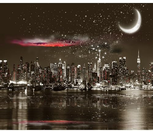 decomonkey Fototapete New York Nacht 350x256 cm XL Tapete Fototapeten Vlies Tapeten Vliestapete Wandtapete moderne Wandbild Wand Schlafzimmer Wohnzimmer Mond Sterne Stadt schwarz