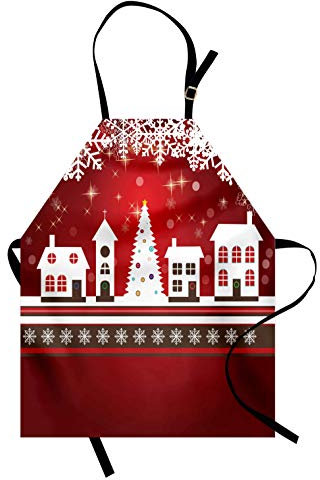 ABAKUHAUS, Weihnachten Kochschürze, Maschienenwaschbar kein Verblassen, EIS Kristall Muster Über Tannenbaum und der Stadt Heiligen Abend, Weiß Rot