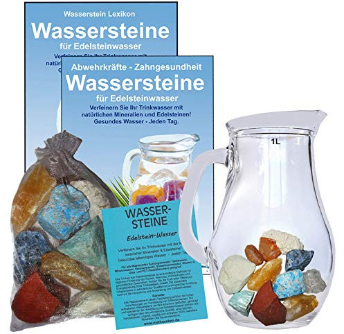 Wassersteine EDELSTEINWASSER Set 300g EDELSTEINE zum energetisieren. Steine für VERDAUUNG & STOFFWECHSEL + 1,0L Glaskrug. 5-tlg Set zur Wasseraufbereitung und Wasserenergetisierung. 90045-2