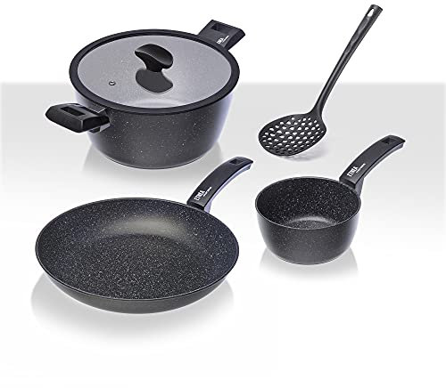 Moneta Etnea Batteria Starter, 5 Pezzi: Padella 24 cm, Casseruola 2 manici 20 cm con Coperchio, Pentolino 16 cm e Schiumarola in Nylon