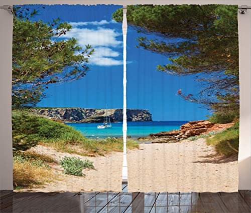 ABAKUHAUS Nautisch Rustikaler Gardine, Sand Pathway to Ozean, Schlafzimmer Kräuselband Vorhang mit Schlaufen und Haken, 280 x 225 cm, Creme Aqua