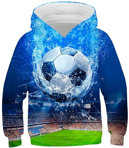 Ocean Plus Jungen Langarm Kapuzenpullover Kinder Digitaldruck Fußball Mädchen Sweatshirts mit Kapuzen (L (Körpergröße: 145-150cm), Fußball)