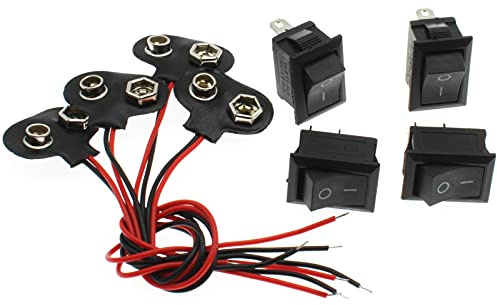 LBTODH 4SETS On/Off Mini Rocker Switchs AC 6A 250V 2 Pin with 9V Battery Clip Connector